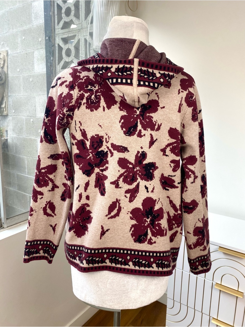 Rachel Zoe Burgundy Floral Jacquard Hooded Cardigan Sweater, Size S - Picture 5 of 9